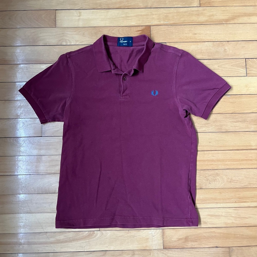 Fred Perry Slim Fit Polo Shirt Mens Medium Burgundy Maroon Blue Laurel Wreath